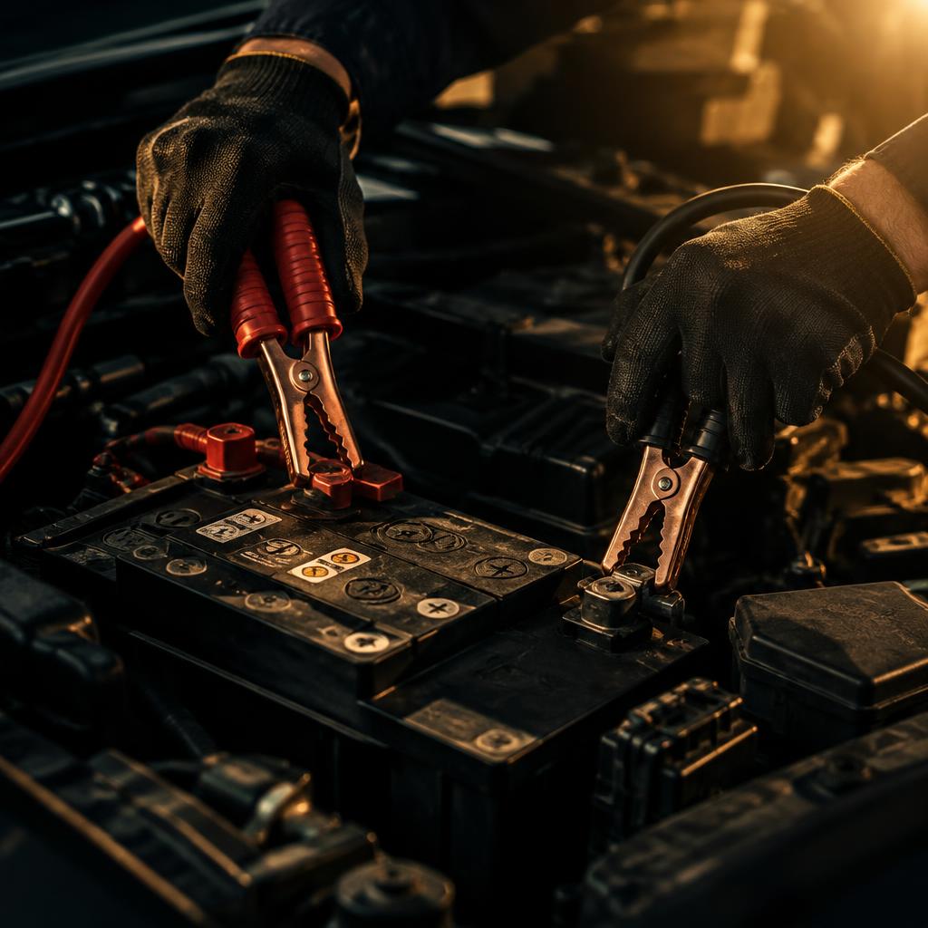 Technician connecting jumper cables to a car battery