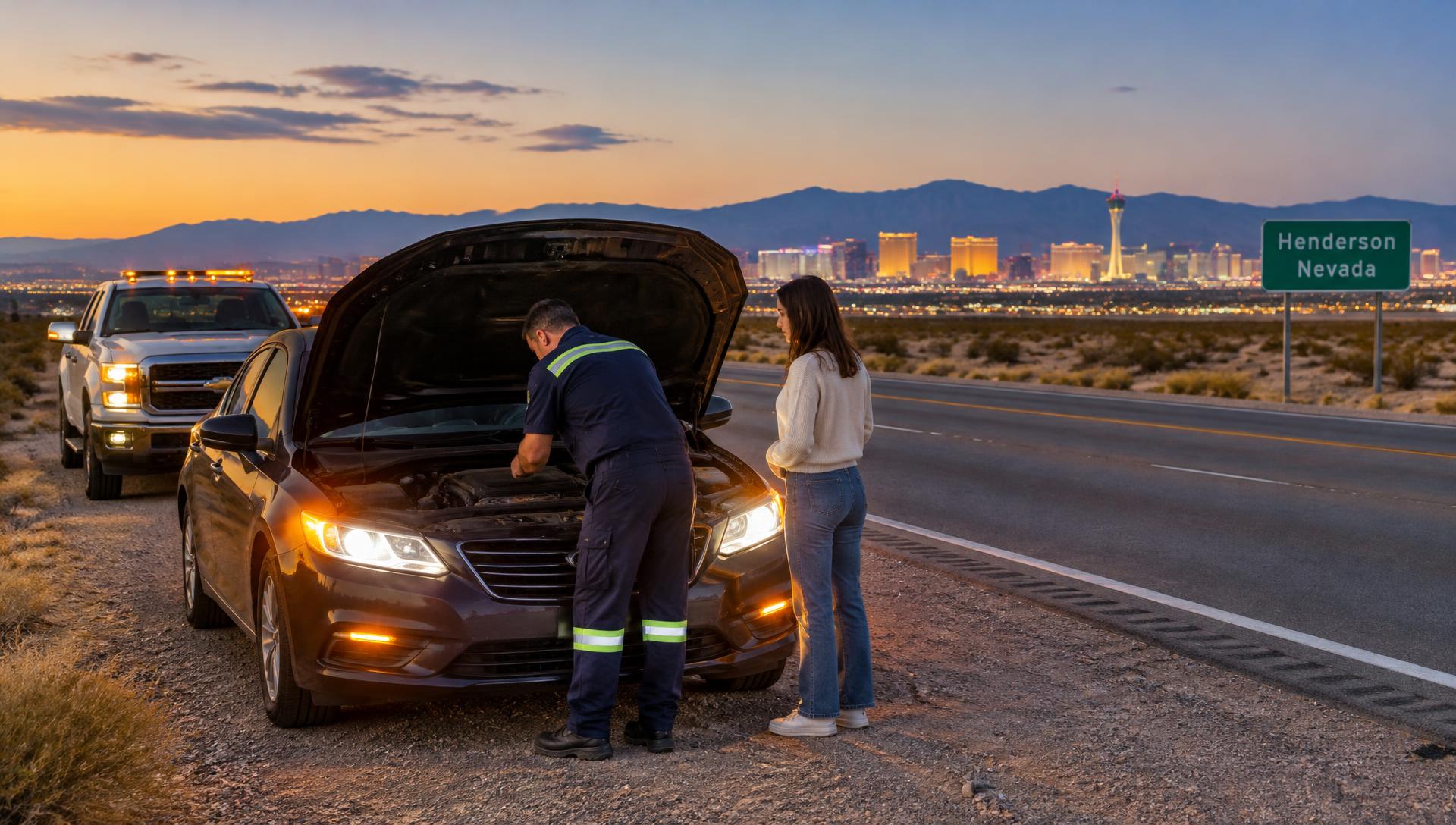 Roadside assistance professional helping a stranded motorist at dusk in Henderson, Nevada
