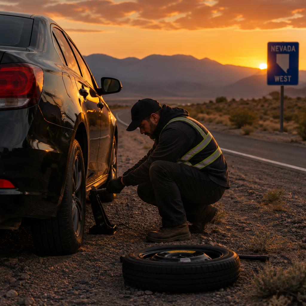 Technician assisting with a flat tire on a Nevada roadside