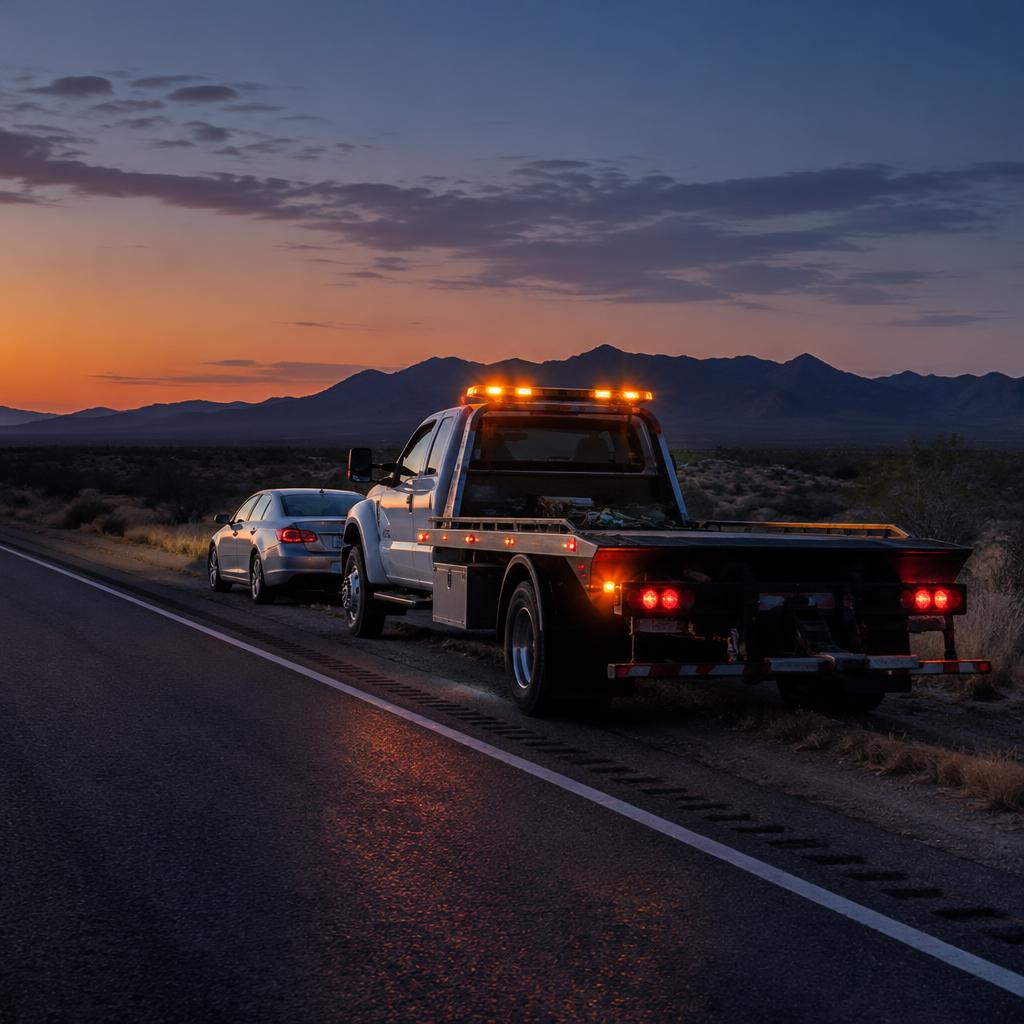 Roadside assistance truck beside a vehicle on a desert highway